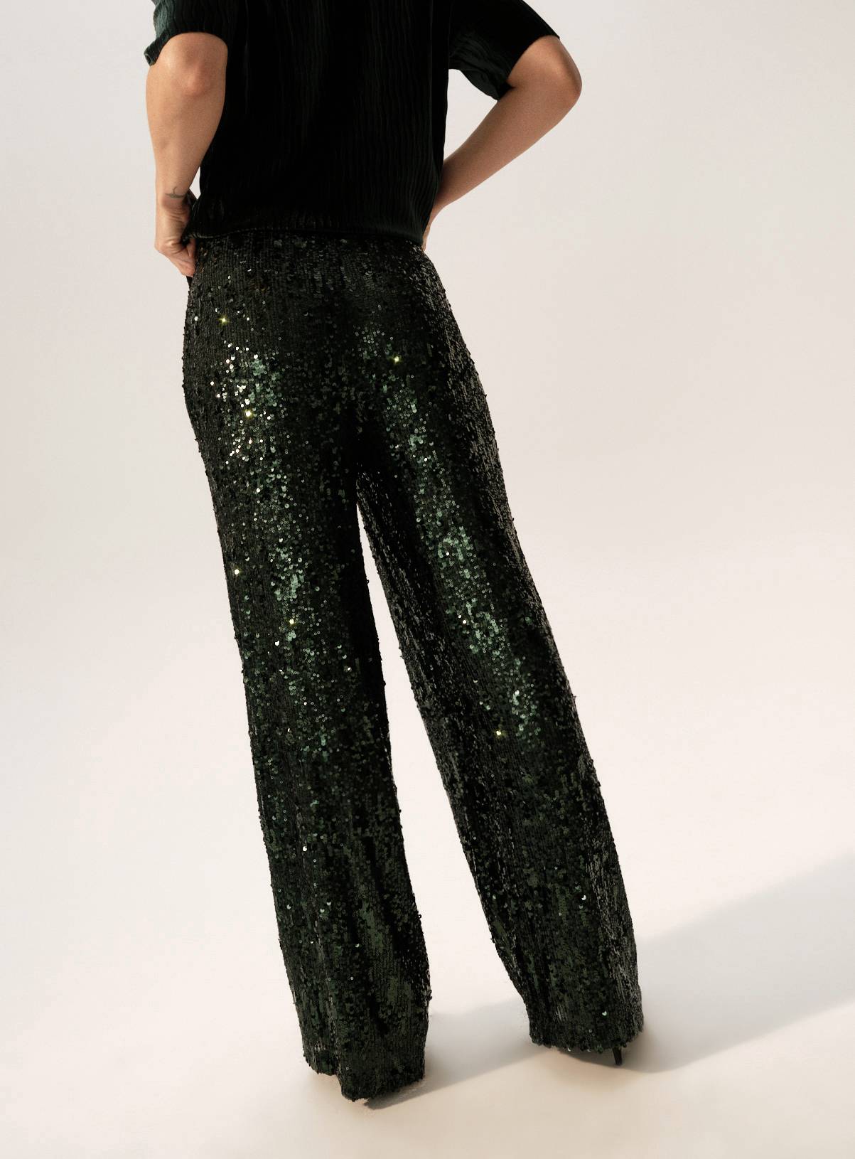 Dark Green Sequin Wide Leg Trousers  10R - Image 5